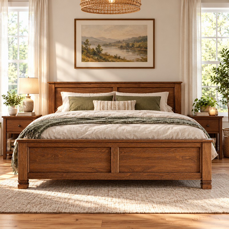 Pat din lemn masiv stejar, dim. disponibile 160-180-200 x 200 cm, gama larga de finisaje disponibile