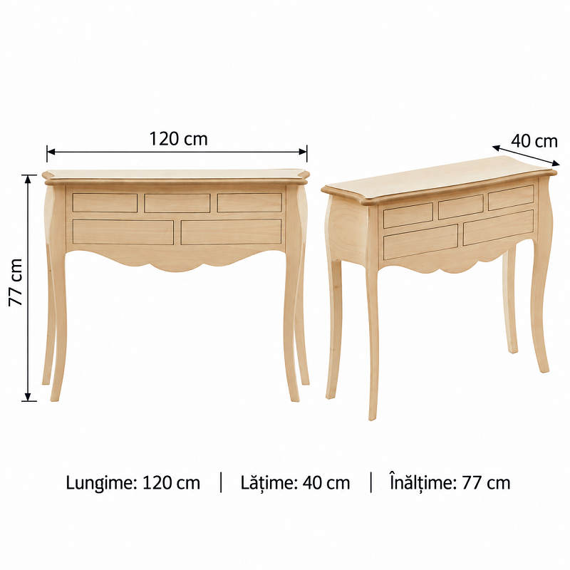 Consola din lemn masiv cu picioare curbate si 5 sertare, lungime 120 cm, latime 40 cm si inaltimea de 77 cm - imagine 7