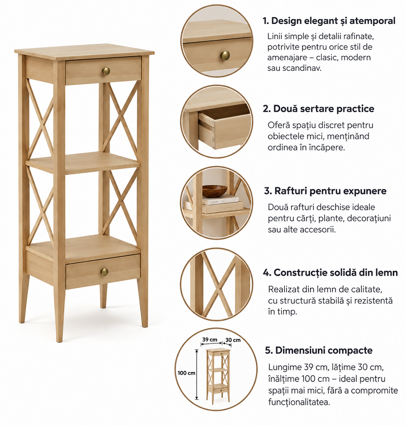 Consola lemn masiv cu 2 sertare si 1 polita, lungime 39 cm latime 30 cm si inaltimea de 100 cm - imagine 4