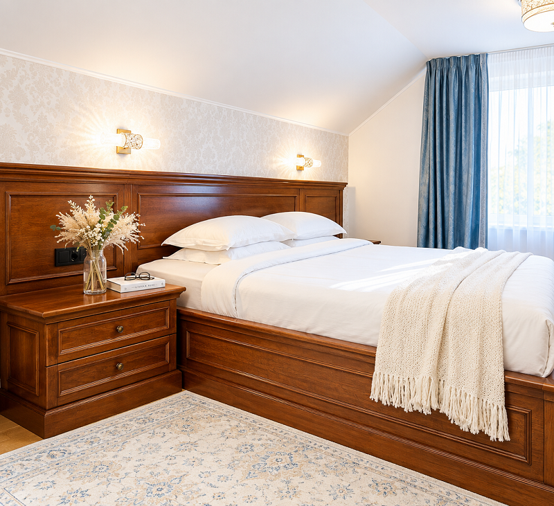 Pat din lemn masiv de stejar cu noptiere incluse, dim. disponibile 160-180-200 x 200, somiera inclusa - imagine 5
